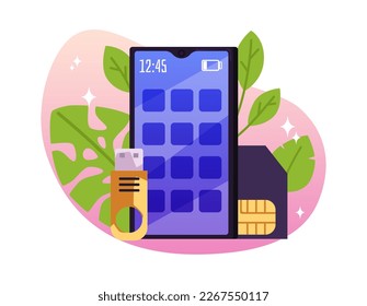 Smartphone with flash drive and sim card, cartoon flat vector illustration isolated on white background. Icon with phone, concept of smartphone accessories.