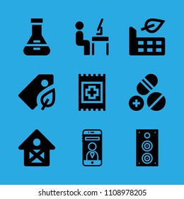 smartphone, flask, band aid, factory, barn, workspace, speaker, tag and pills vector icon. Simple icons set