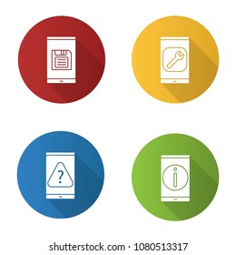 Smartphone flat design long shadow glyph icons set. Save button, settings, mobile phone FAQ, error. Vector silhouette illustration