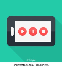 Smartphone. Flat design. Play,stop,pause icon.