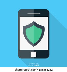 Smartphone. Flat design. Shield icon.