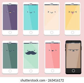 Smartphone Flat Designs with cute cartoon faces