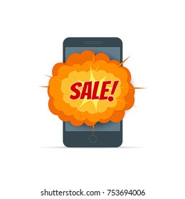Smartphone in a flat style. On the phone screen is a banner for sale. Special discount.
