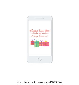Smartphone in a flat style. On the phone screen there are boxes with gifts for the new year and Christmas.
