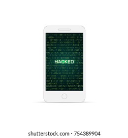 Smartphone in a flat style. On the screen, the green binary code and text are hacked.
