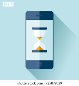 Smartphone in flat style, phone icon on color background. Hourglass, waiting on the screen. Vector design object for you project 