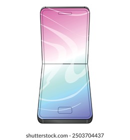 Smartphone with a flexible screen is folding in half, showing a blank screen with a colorful background