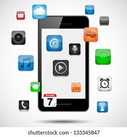 Smartphone with Floating Apps - Vector smartphone with app icons on its screen.  Eps10 file with transparency.