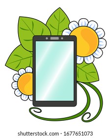 Smartphone with flowers and leaves on a white background. Phone frame for your design. EPS10 vector illustration