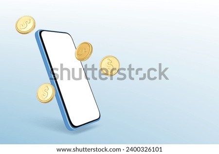 Smartphone with flying coins. Concept of transaction, mobile banking, financial payment. Vector 3d illustration