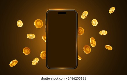 Smartphone with flying coins. Mobile investment concept. Vector illustration