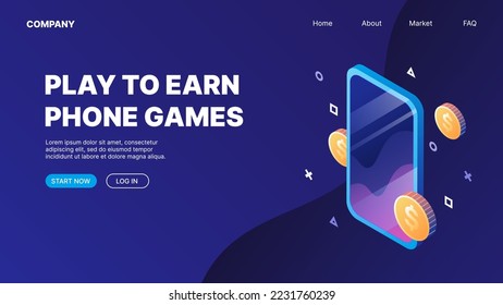 Smartphone with flying coins. P2E Crypto Games Landing Page Concept. Play to Earn phone games. Vector illustration