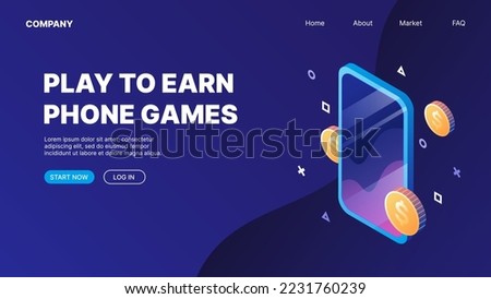 Smartphone with flying coins. P2E Crypto Games Landing Page Concept. Play to Earn phone games. Vector illustration