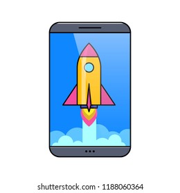 Smartphone with flying rocket on touch screen thin line icon. Successful business startup concept. Start new project outline pictogram. Mobile phone with rocket launch isolated vector illustration.