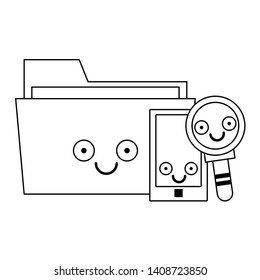 Smartphone and folder with magnifying glass smiling cartoons vector illustration graphic design