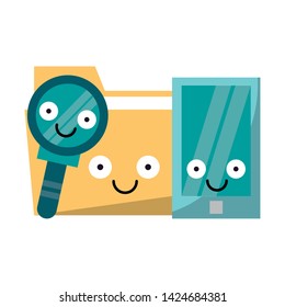 Smartphone and folder with magnifying glass smiling cartoons vector illustration graphic design