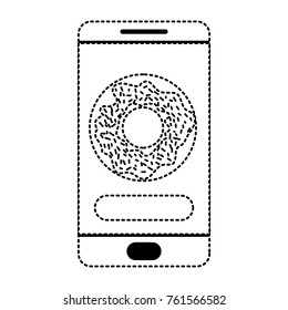 smartphone with food app with donut icon in black dotted silhouette on white background