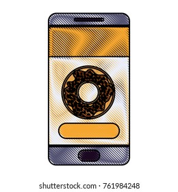 smartphone with food app with donut icon in colored crayon silhouette on white background