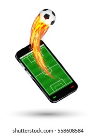 smartphone with a football field and burning soccer football