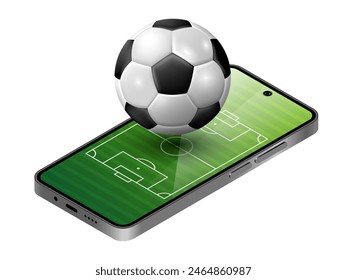 Teléfono inteligente con un campo de fútbol en la pantalla y balón de fútbol. Anuncio de publicidad de apuestas deportivas. 