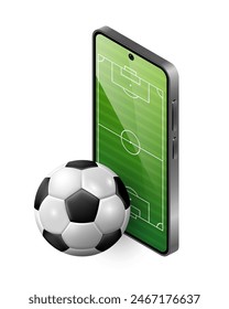 Smartphone with a football field on the screen and soccer ball. Sports betting advertising banner. 