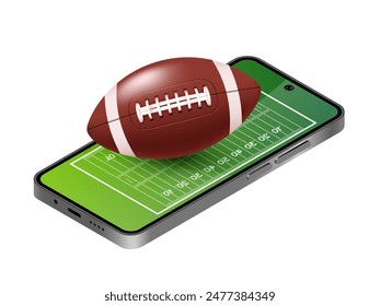 Smartphone with a football field on the screen and football. Sports betting advertising banner. 