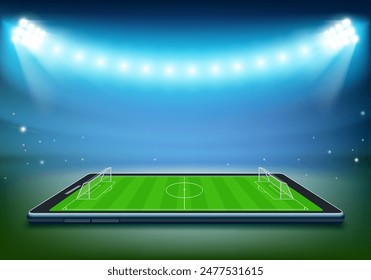 Teléfono inteligente con un campo de fútbol en la pantalla. Iluminado por focos de estadios de fútbol. Ilustración vectorial de acciones