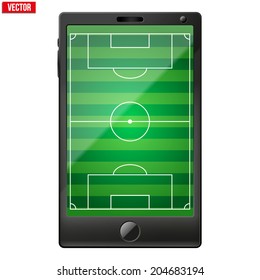Smartphone with a football soccer field on the screen. Sport technology and applications. Vector illustration. Isolated on white background.