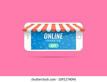 A Smartphone In The Form Of A Store. Online Shopping. Banner For The Online Store Application. Vector Illustration