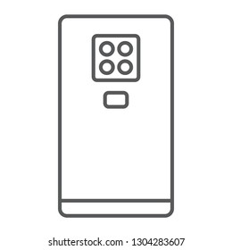 Smartphone with four camera thin line icon, gadget and communication, phone sign, vector graphics, a linear pattern on a white background, eps 10.
