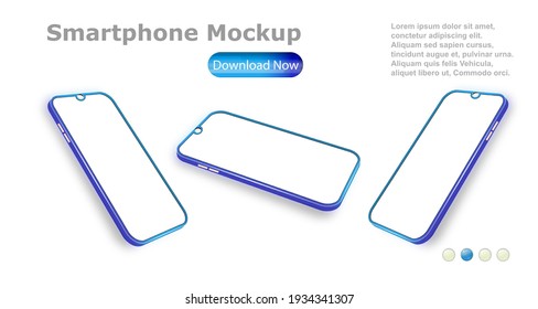 Smartphone frame with blank screen at different angles. Mobile phones isolated on white background, different sides of the mockups. Vector design, realistic 3D, smartphone template. Telephone frame.