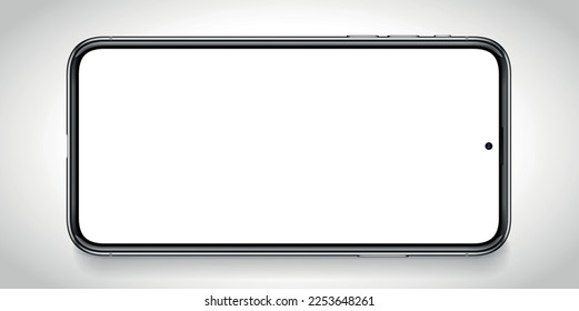 Smartphone frame blank screen. Horizontal 3d cell phone vector illustration. Template with white copyspace for infographics, presentation or UI design