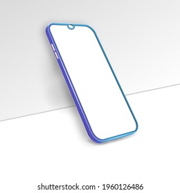 Smartphone frame with blank screen. Realistic blue mockup near the wall. The layout of the universal device. Vector design, smartphone template. Telephone frame.