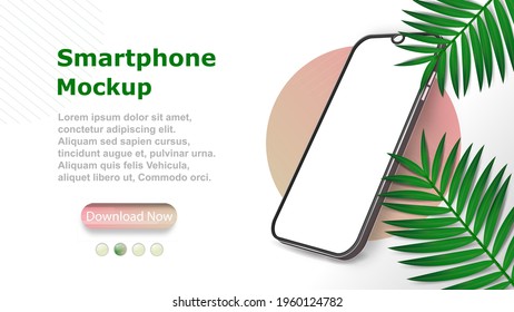 Smartphone frame with blank screen in tropical setting with palm leaves. Realistic smartphone mockup. Vector design, realistic, smartphone template.