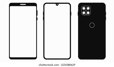 Smartphone with a frame, frameless smartphone with notch and quad cameras, blank white display, front and back side. Solid black silhouette cellphone icon isolated on white background.