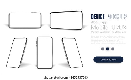 Smartphone frame less blank screen, rotated position. Smartphone from different angles.  Mockup generic device. Vector smartphones set.Template for infographics or presentation 3D realistic phones. - Shutterstock ID 1458537863