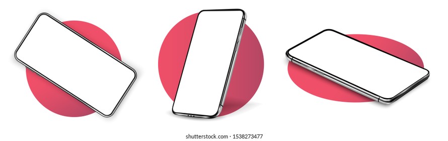 Smartphone frame less blank screen, rotated position. Smartphone from different angles. Mockup generic device. UI/UX smartphones set. Template for infographics or presentation 3D realistic phones.  - Shutterstock ID 1538273477