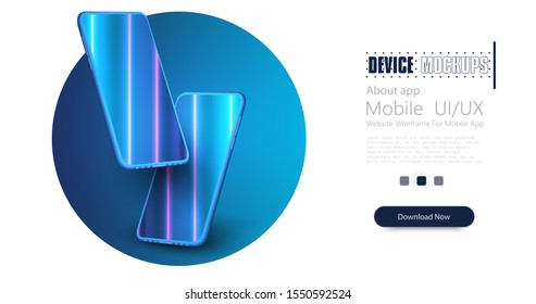 Smartphone frame less blank screen, rotated position. 3d isometric illustration cell phone. Smartphone perspective view. Template for advertising.  Phone with the neon reflection on the screen. UI/UX