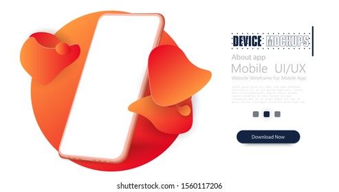 Smartphone frame less blank screen. Mockup generic device. Orange smartphone template. 3D brush spats for poster design or flyer background, banner template. Geometric shapes with dynamic colors. 