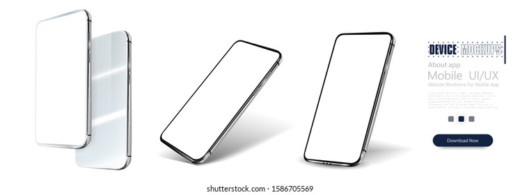 Smartphone frame less blank screen, rotated position. A collection of smartphones at different angles. Collection mobile phones isolated on white background. Template infographics or presentation,3D