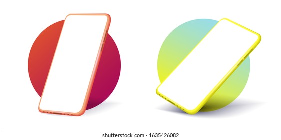 Smartphone frame less blank screen. Mockup generic device. Vector realistic red and green light smartphone template. Smartphones at different angles. Telephone frame with blank display isolated