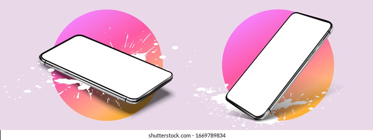 Smartphone frame less blank screen, rotated position. 3d isometric illustration cell phone. Smartphone perspective view. A modern template with a mobile phone and trending blotches, splashes. Mockup