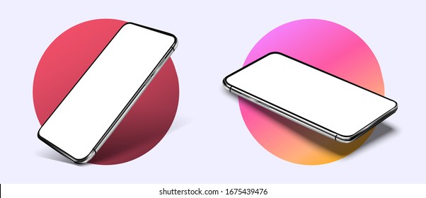 	
Smartphone frame less blank screen, rotated position. 3d isometric illustration cell phone. Smartphone perspective view. Template for infographics or presentation UI design interface. vector