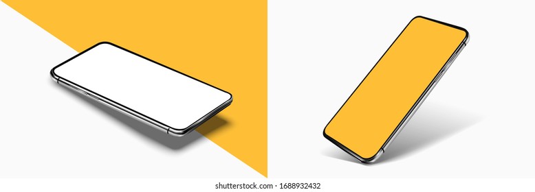 Smartphone frame less blank screen mockup, rotated position. 3d isometric illustration cell phone. Smartphone perspective view. Template for infographics or presentation UI/UX design interface. vector