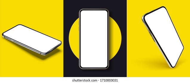 Smartphone frame less blank screen, rotated position. Smartphone from different angles. Mockup generic device. UI/UX smartphones set. Template for infographics or presentation 3D realistic phones.