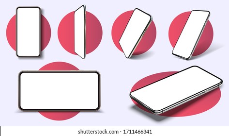 Smartphone frame less blank screen, rotated position. Smartphone from different angles. Mockup generic device. UI/UX smartphones set. Template for infographics or presentation 3D realistic phones.