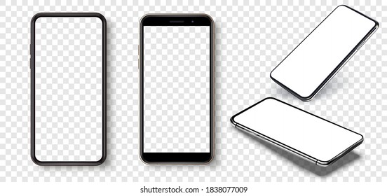 Рамка смартфона меньше пустого экрана, повернутое положение. Смартфон под разными углами. Макет универсального устройства. Набор смартфонов UI/UX. Шаблон для инфографики или презентационных 3D реалистичных телефонов.