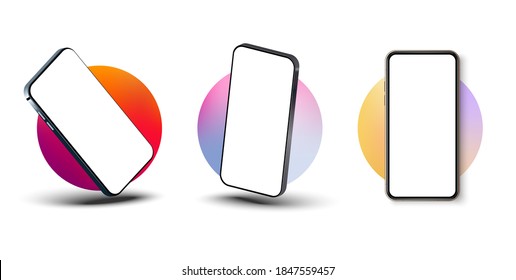 Smartphone frame less blank screen, rotated position. Smartphone from different angles. Mockup generic device. UI/UX smartphones set. Template for infographics or presentation 3D realistic phones.