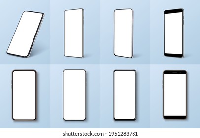 Smartphone frame less blank screen, rotated position. Smartphone from different angles. Mockup generic device. UI,UX smartphones set. Template for infographics or presentation 3D realistic phones.