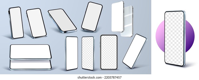 Smartphone frame less blank screen, rotated position. Smartphone from different angles. Mockup generic device. UI,UX smartphones set. Template for infographics or presentation 3D realistic phones.